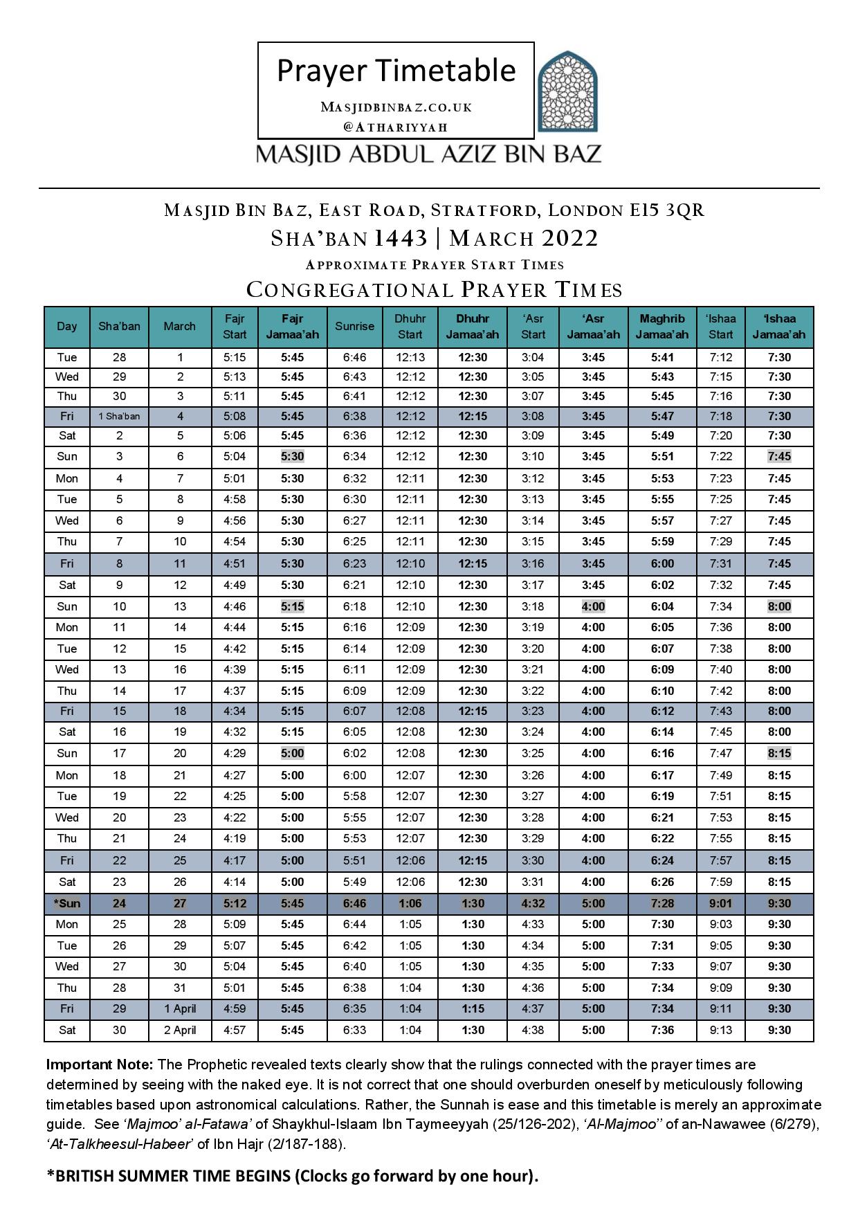 March 2022 | Sha'ban 1443 Prayer Timetable | Masjid Abdul Aziz Bin
