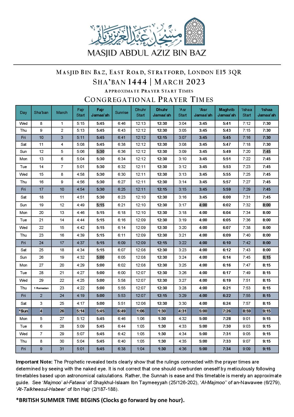Prayer Timetables | Masjid Abdul Bin Baz
